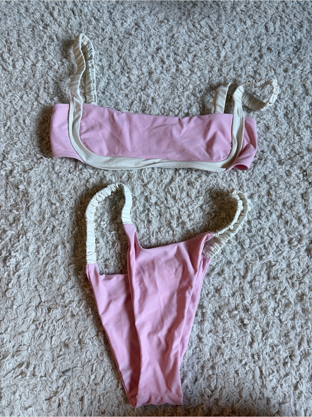 Strawberry Milk Mob Pink and Cream Ruffled Strap Bikini Set
